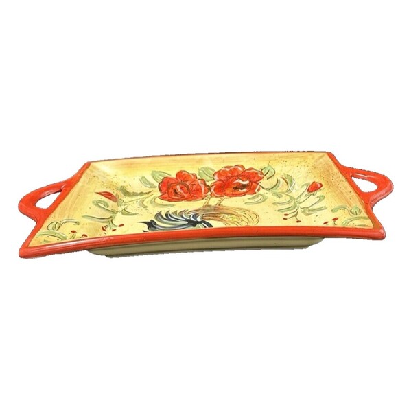 Honey Poppy Rooster Rectangular Platter with Handles Glossed Ceramic 13.5 Inches - Picture 5 of 9